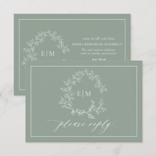 QR Code Sage Green Leafy Crest Monogram Wedding RSVP Card (Front/Back)