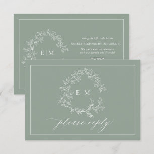QR Code Sage Green Leafy Crest Monogram Wedding RSVP Card
