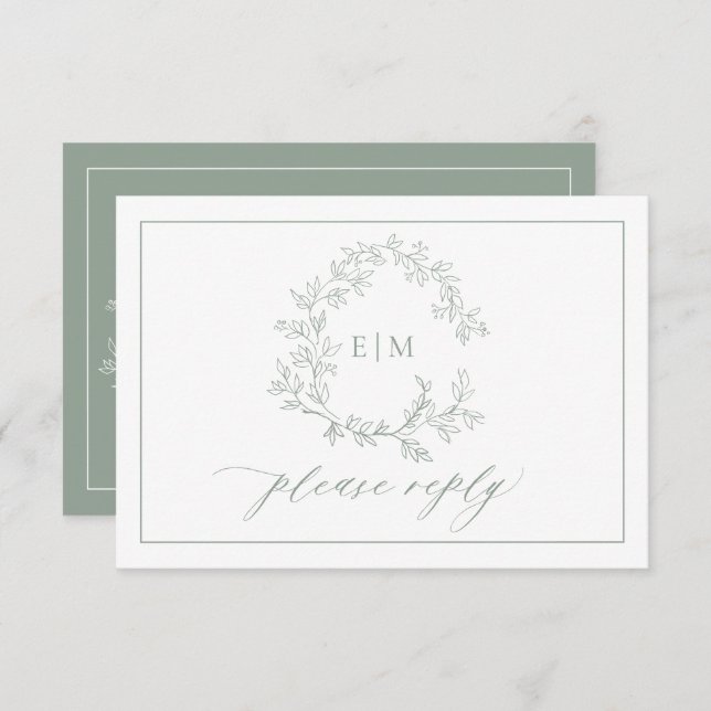 QR Code Sage Green Leafy Crest Monogram Wedding RSVP Card (Front/Back)