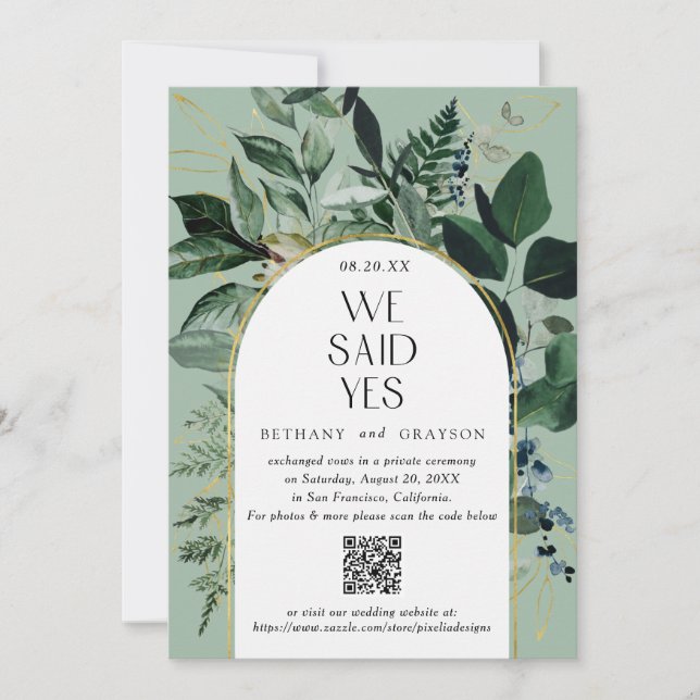 QR code,  Sage Green Modern Botanical arch wedding Announcement (Front)