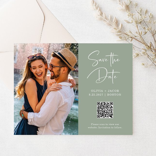 QR Code | Sage Green Modern Photo Save the Date Postcard (Creator Uploaded)
