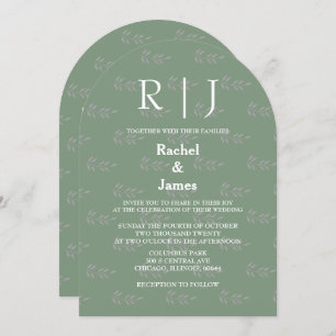 QR Code Sage Green Monograms Leaf Patterns Wedding Invitation