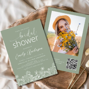 QR Code Sage Green Wildflower Bridal Shower  Invitation