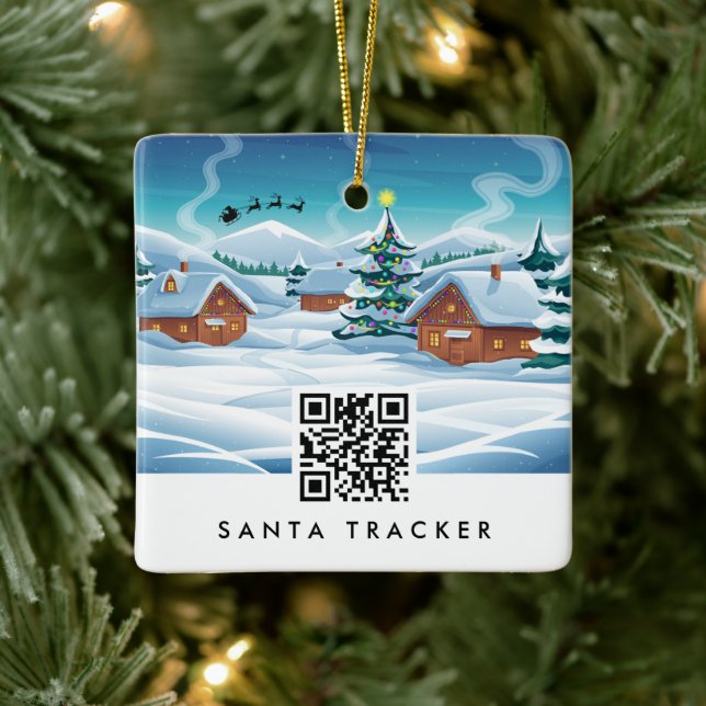QR Code Santa Tracker Kids Modern Christmas Snow Ceramic Ornament (Tree)