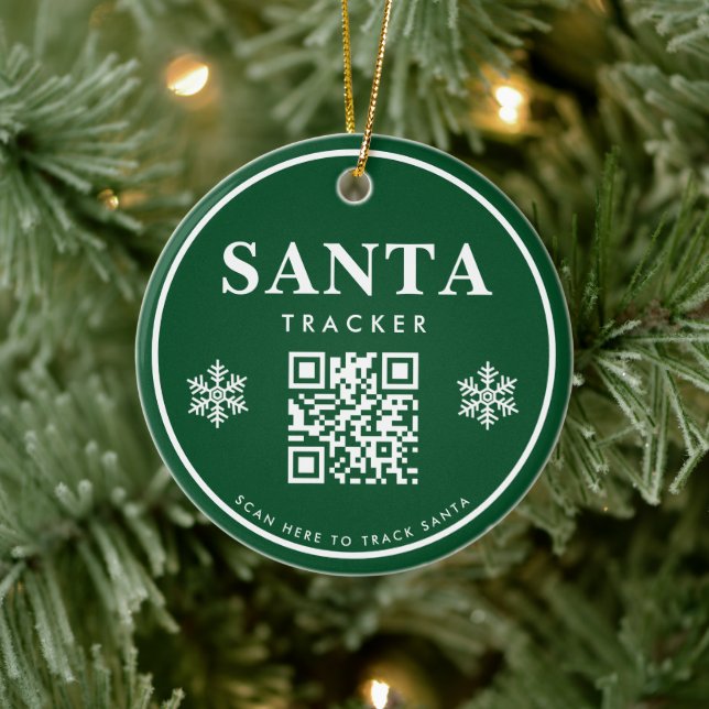 QR Code Santa Tracker Kids Modern Green Christmas Ceramic Ornament (Tree)