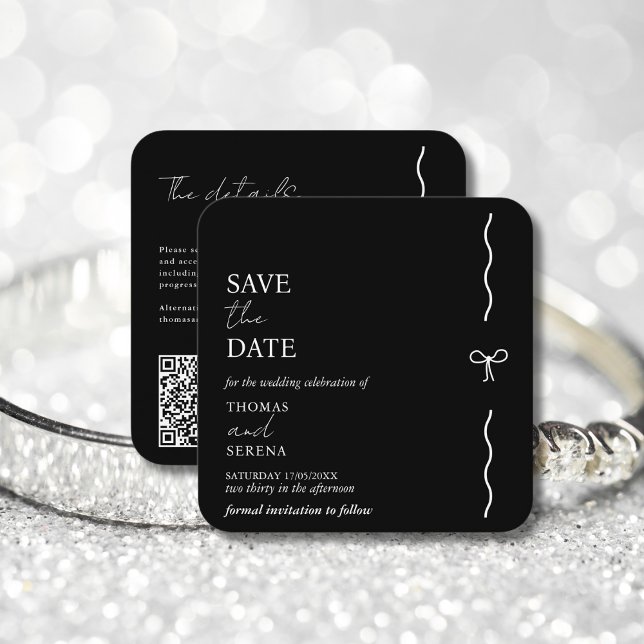 QR Code Save The Date Black White Curve Bow Card (Creator Uploaded)