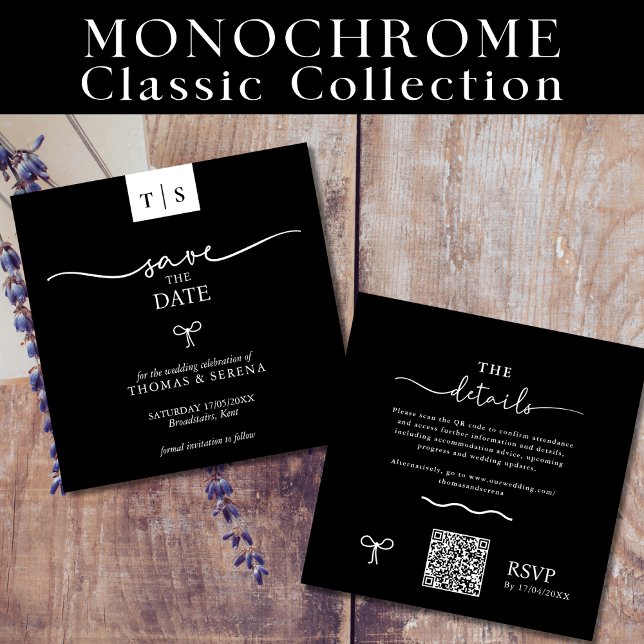 QR Code Save The Date Black White Curve Bow Card (Creator Uploaded)