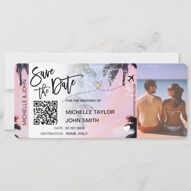 QR Code Save the Date Boarding Pass Palm Beach Invitation (Front)