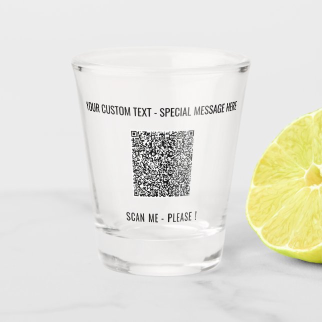 QR Code Scan Info Custom Text Colours Shot Glass (Front)