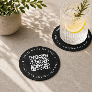 QR Code Scan Me Black Modern Stylish Business Round Paper Coaster