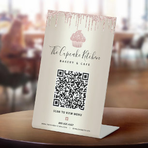 QR Code Scan Menu Pink Cupcake Glitter Gold Bakery Pedestal Sign