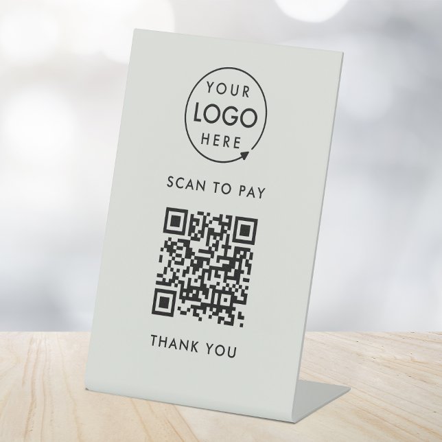 QR Code Scan to Pay | Logo Modern Grey Payment Pedestal Sign (Interactive "scan to pay” QR code cash wrap table signs for electronic payment transactions.)