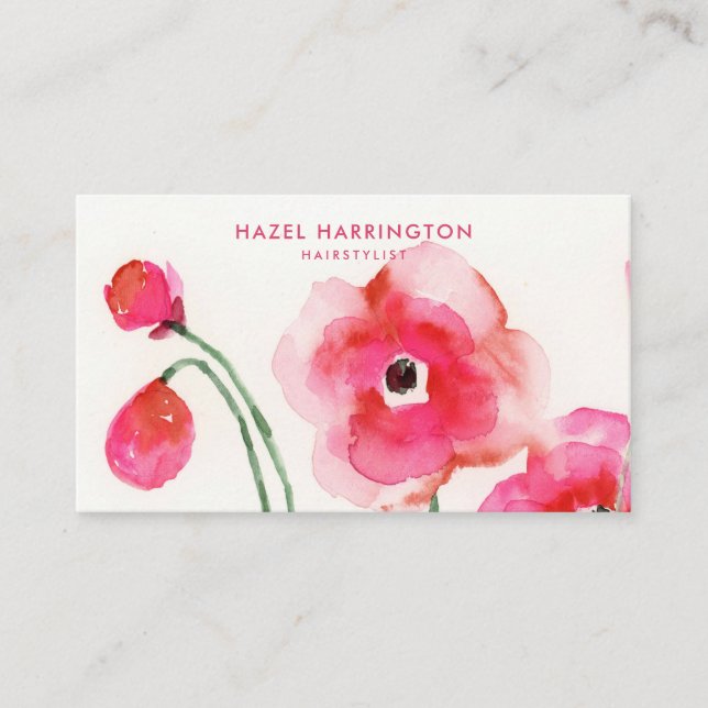 QR Code Scannable Cute Pink Watercolor Flowers Business Card (Front)
