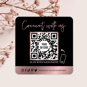 QR Code Scannable Glam Black & Rose Gold Logo Square Business Card