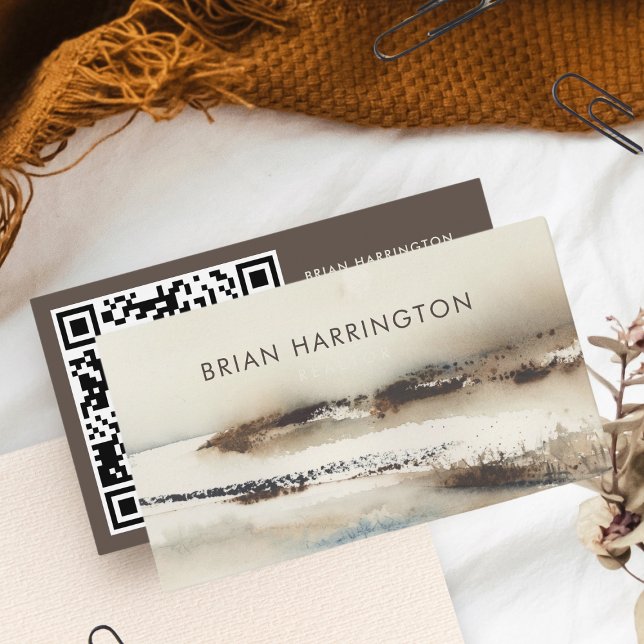 QR Code Scannable Neutral Watercolor Modern Business Card (Creator Uploaded)