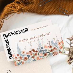 QR Code Scannable Watercolor Floral Boho Trendy Business Card