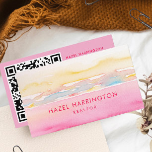 QR Code Scannable Watercolor Pink Pastel Yellow Business Card