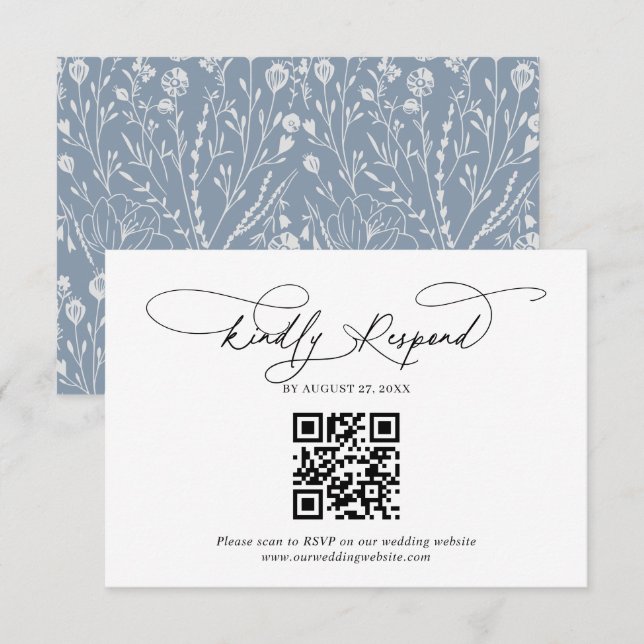 QR Code Script Floral Dusty Blue Wedding Rsvp Enclosure Card (Front/Back)