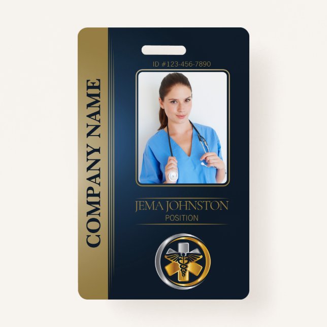 QR Code Security ID Blue & Gold Employee Photo ID Badge (Front)