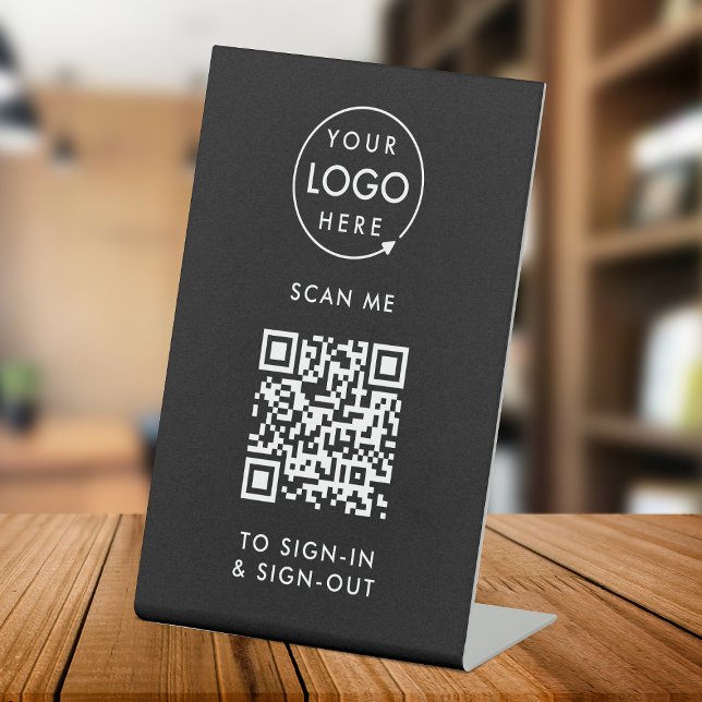QR Code Sign-In | Black Reception Visitor Logo Pedestal Sign (Creator Uploaded)