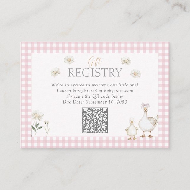 QR Code Silly Goose Pink Bow Gift Registry Shower Enclosure Card (Front)
