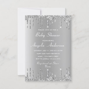 QR Code Silver Glitter Baby Girl Shower Invitation