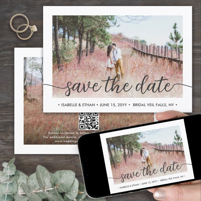 QR Code Simple Handwritten Script 2 Photo Wedding Save The Date (Creator Uploaded)