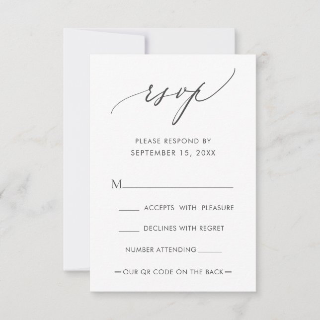 QR Code Simple Modern Calligraphy Wedding RSVP Card (Front)