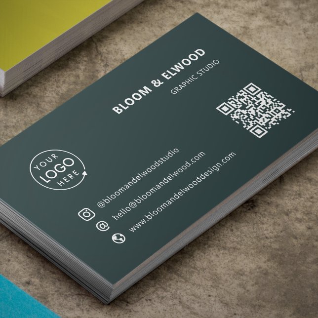 QR Code Simple Modern Minimal Green Logo Business Card (Modern minimalist logo business card by Guava - clean, professional, and fully customizable)