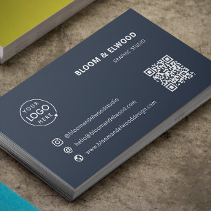 QR Code Simple Modern Minimal Navy Blue Logo Business Card