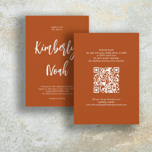 QR code simple names script burnt orange wedding Invitation