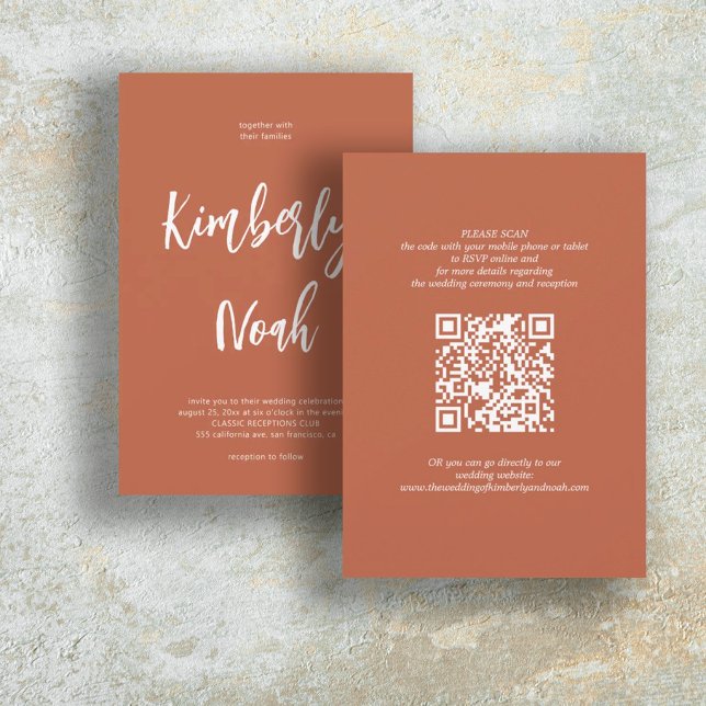 QR code simple names script terracotta wedding Invitation (Creator Uploaded)