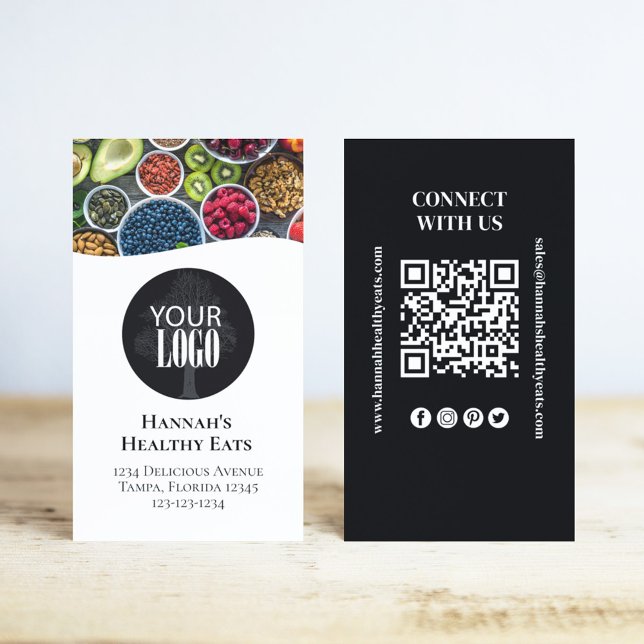 QR Code Simple Photo and Logo Black Business Card (Add your photo and logo to this simple business card. )