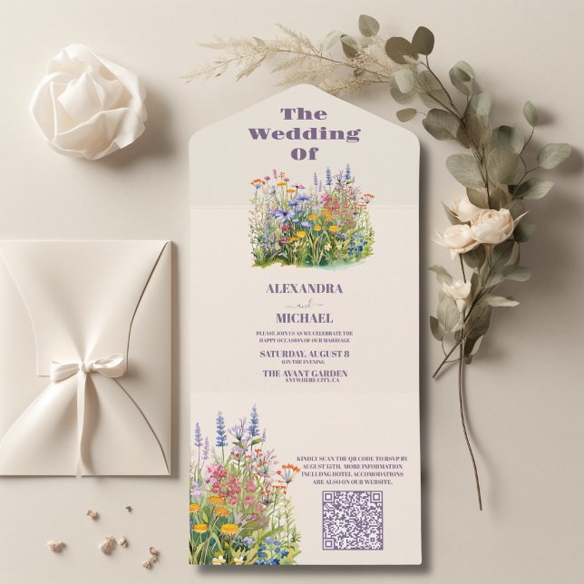 QR Code Simple Wildflowers Botanical Garden Weddin All In One Invitation (Creator Uploaded)