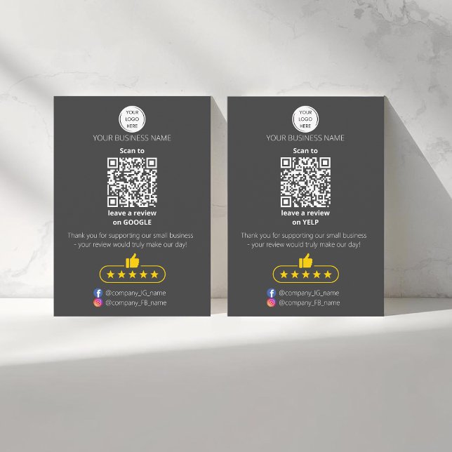 QR code small business review GOOGLE and YELP  Card (Two sided QR-code "leave a review" business card. Five stars review. Custom logo, yelp and google)