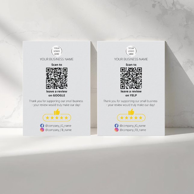 QR code small business review GOOGLE and YELP  Card (Two sided QR-code "leave a review" business card. Five stars review. Custom logo, yelp and google)
