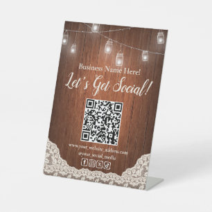 QR Code Social Media Business String Lights Rustic Pedestal Sign