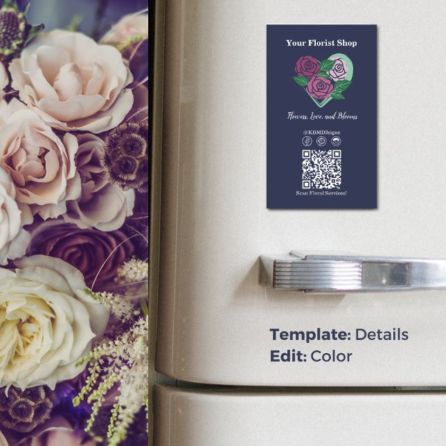 💐QR-code Social Media Purple-Blue Florist  Magnetic Business Card (💐Custom Purple-Blue Florist Business Card Magnet, Heart of Roses, Social Icons, QR code)