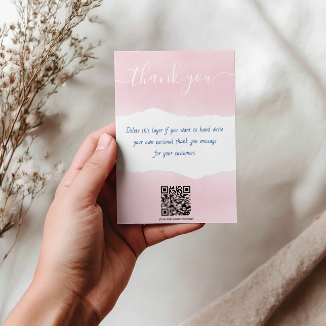 QR code soft pink watercolor thank you insert card (Customer order insert card with pink paint effect, "thank you" and QR code for discount)