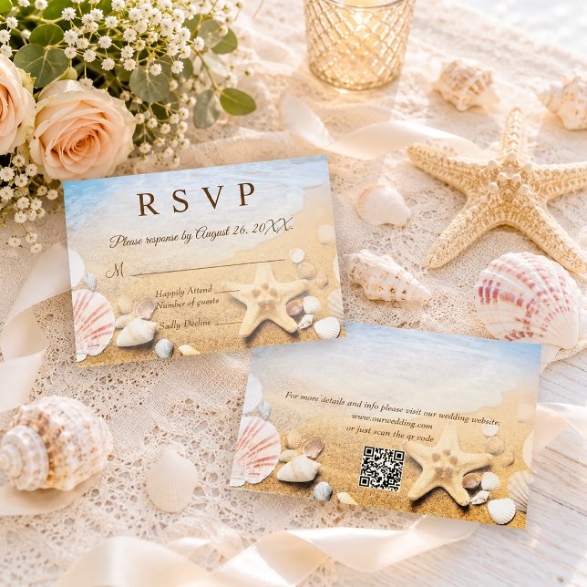 QR Code Starfish Shells Tropical Beach Wedding RSVP Card (Creator Uploaded)