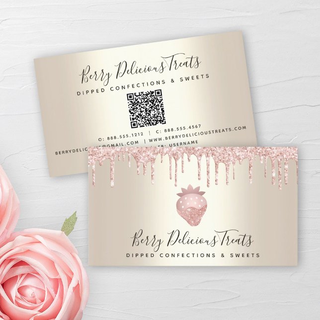 QR Code Strawberry Pink Glitter Confection Gold Business Card (Creator Uploaded)