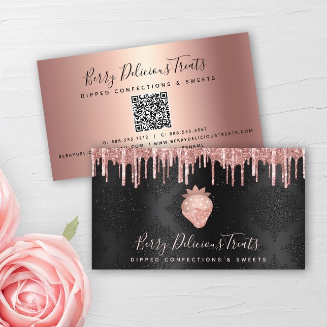QR Code Strawberry Rose Gold Drip Confection Black Business Card (Creator Uploaded)