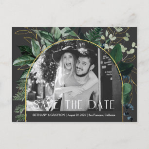 QR code, Stylish Modern Botanical photo save date Announcement Postcard