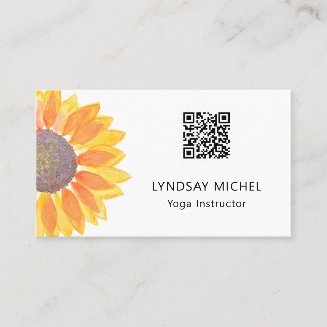 QR Code Sunflower Yoga Instructor Business Card (Front)