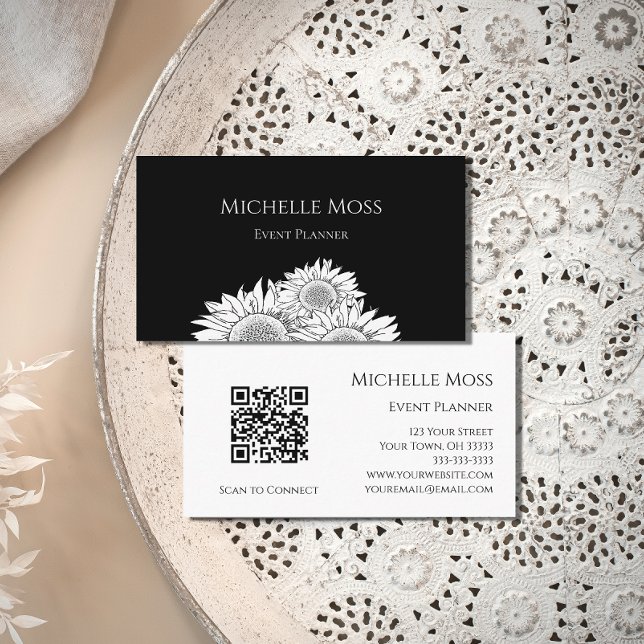 QR code Sunflowers Black White Event Planner Business Card (Creator Uploaded)