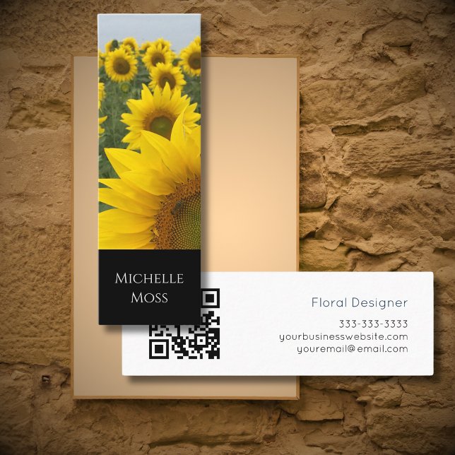 QR code Sunflowers Floral Designer Black White  Mini Business Card (Creator Uploaded)