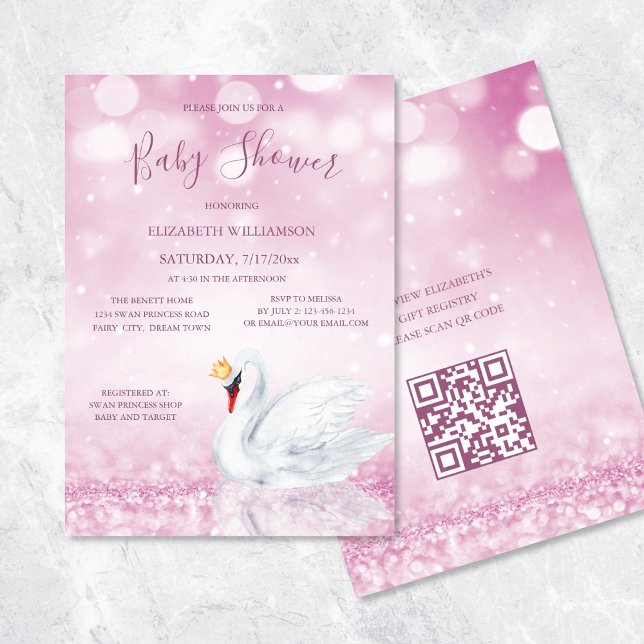 QR Code | Swan Princess Pink  | Girl Baby Shower Invitation (Creator Uploaded)