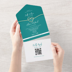QR Code Teal Gold Heart Wedding All In One Invitation