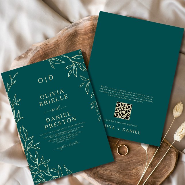 QR Code Teal Green & Gold Minimal Leaf Wedding Invitation (Creator Uploaded)