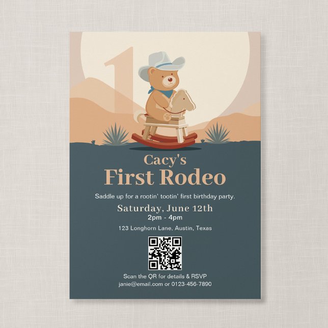 QR Code Teddy Bear Cowboy First Rodeo Birthday Invitation (Saddle Up - First Rodeo QR Invitation)